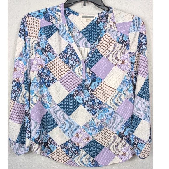 Pleione Tops - PLEIONE Patchwork Floral Blue Purple Print Long Sleeve V Neck Blouse Size M